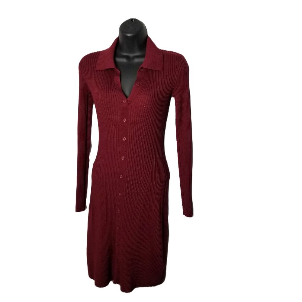 Madden Girl Ribbed Knit Shirt Dress Womens Small Burgundy Button Front Collared